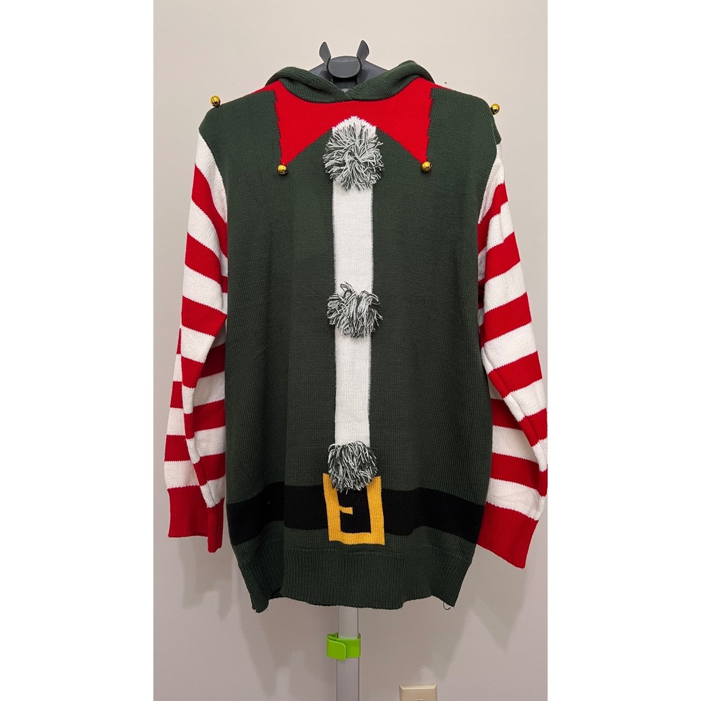 Elf Christmas Hooded Sweater XL Green Red Striped Jingle Bells